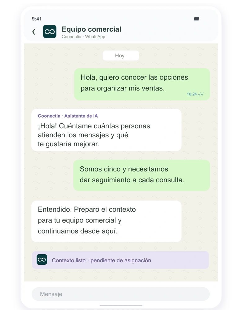 Conversación de WhatsApp: una persona consulta por su equipo de ventas, Coonectia responde con IA y prepara el contexto para que supervisión asigne la atención.